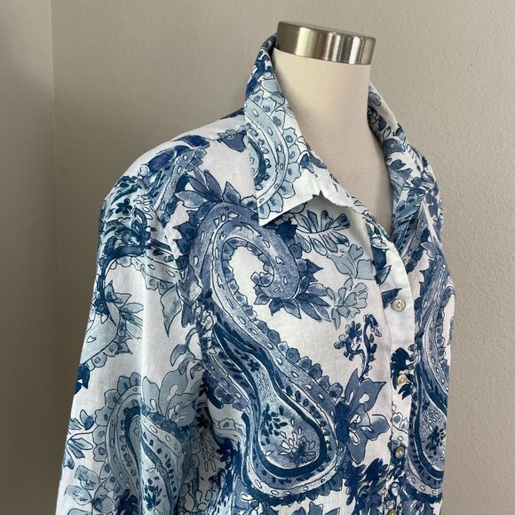Chicos Womens 16 Blue No Iron Paisley Linen Shirt Long Sleeve Button Up Blouse - Picture 3 of 12